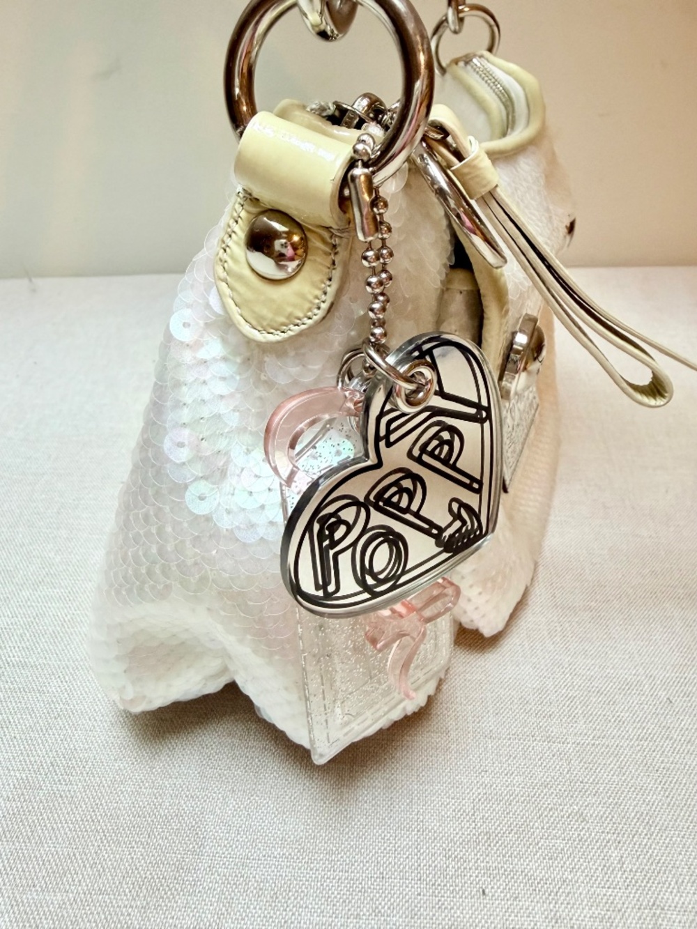 Coach Poppy White Sequin Bag Purse With Attached Charms Clean and Like New - Picture 6 of 15